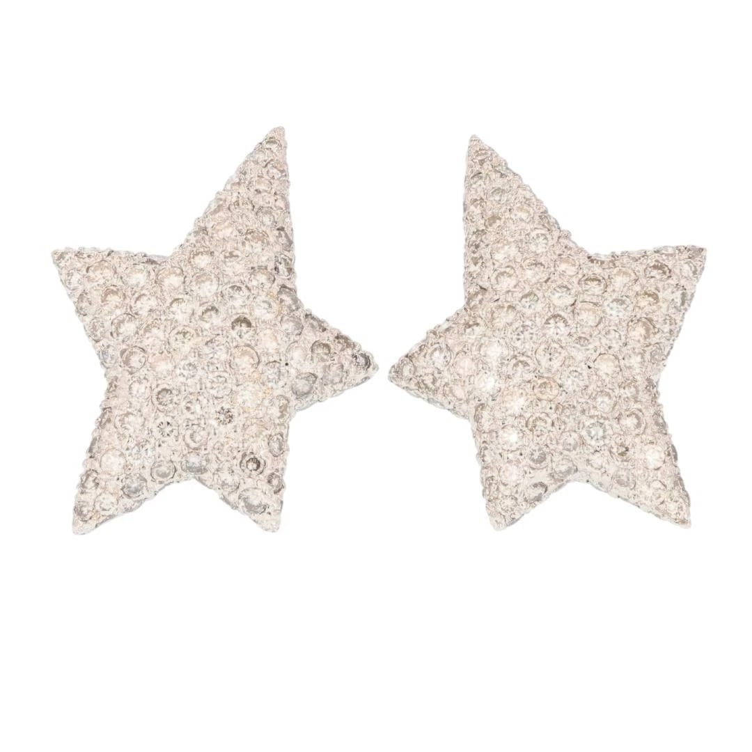 DIAMOND PAVÉ CLUSTER STAR SHAPED LARGE STUD PAIR EARRINGS: Diamond Pavé Cluster Star Shaped Large Stud Pair Earrings Brand: Unbranded Type: Earrings Material: 18k White Gold Main Stone/Creation Natural Color: None Size: Earring Measurement: 1" x 3/4"