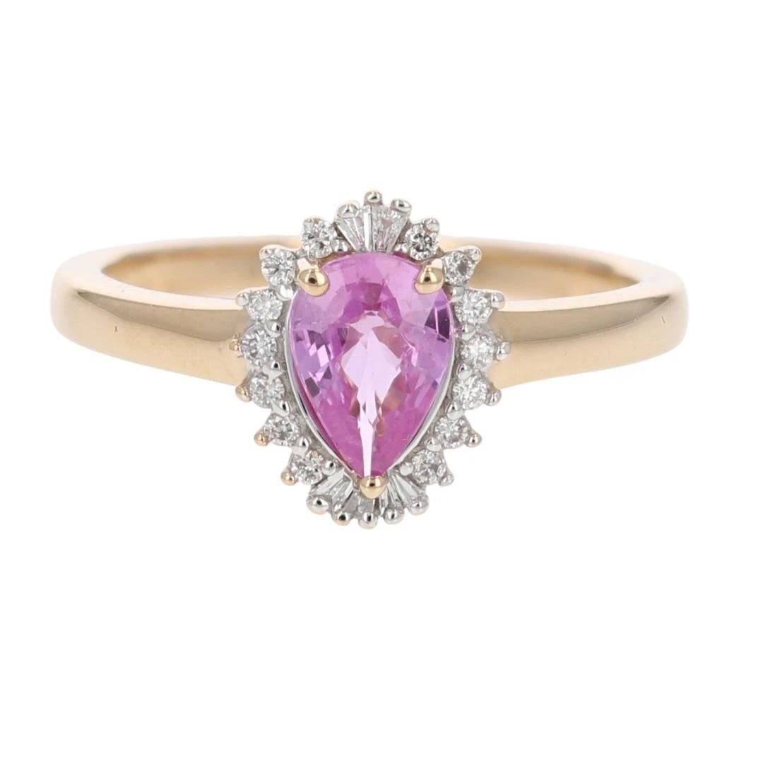 PEAR SHAPED PINK SAPPHIRE WITH DIAMND HALO RING: Pear Shaped Pink Sapphire with Diamnd Halo Ring Brand: Unbranded Type: Ring Material: 18k Rose Gold Main Stone/Creation Sapphire Color: Main Stone Color: Medium Light Very Slightly Grayish Purple R