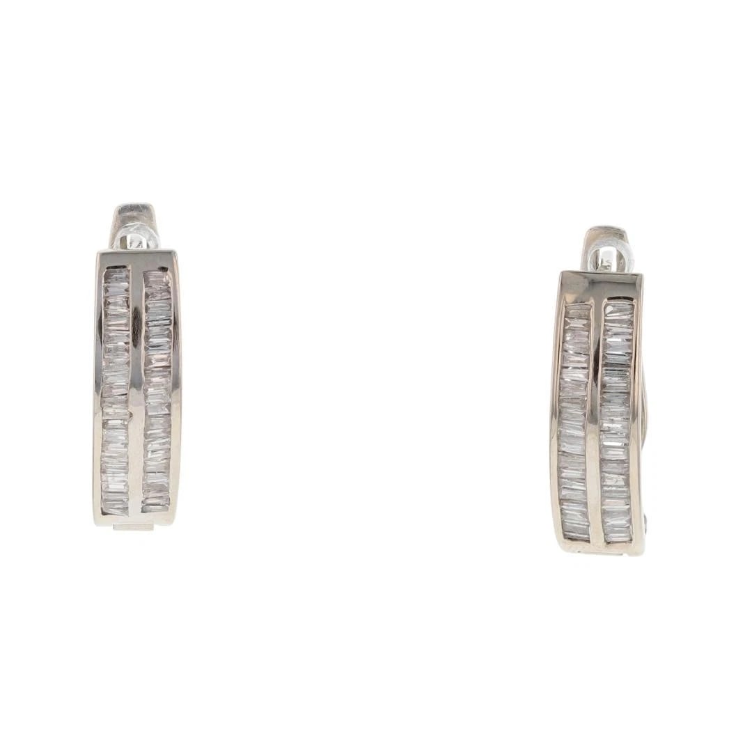 BAGUETTE CUT DIAMOND J-HOOP OMEGA BACK PAIR EARRINGS: Baguette Cut Diamond J-Hoop Omega Back Pair Earrings Brand: Unbranded Type: Earrings Material: 14k White Gold Main Stone/Creation Natural Color: None Size: Earring Measurement: 20.6mm x 5.7mm Acc