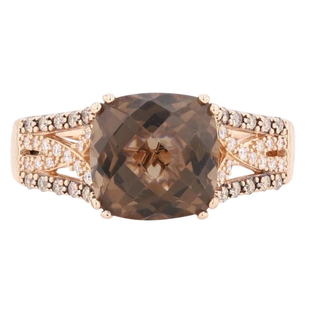 LE VIAN CUSHION CUT SMOKY QUARTZ & DIAMOND RING: Le Vian Cushion Cut Smoky Quartz & Diamond Ring Brand: Le Vian Type: Ring Material: 14k Rose Gold Main Stone/Creation Smoky Quartz Color: Main Stone Color: Medium Moderately Strong Brown Size: 8.2