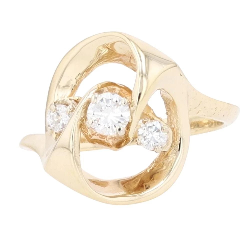 ROUND DIAMOND THREE-STONE BYPASS STATEMENT RING: Round Diamond Three-Stone Bypass Statement Ring Brand: Unbranded Type: Ring Material: 14k Yellow Gold Main Stone/Creation Natural Color: None Size: 6 US Accessories: None Accessories Notic