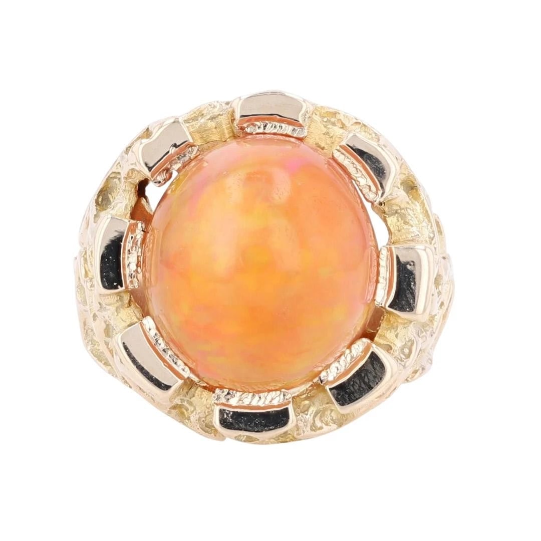CABOCHON OVAL ORANGE OPAL SOLITAIRE NUGGET RING: Cabochon Oval Orange Opal Solitaire Nugget Ring Brand: Unbranded Type: Ring Material: 9k Yellow Gold Main Stone/Creation Natural Color: Main Stone Color: Green-Orange Size: 8.25 US 