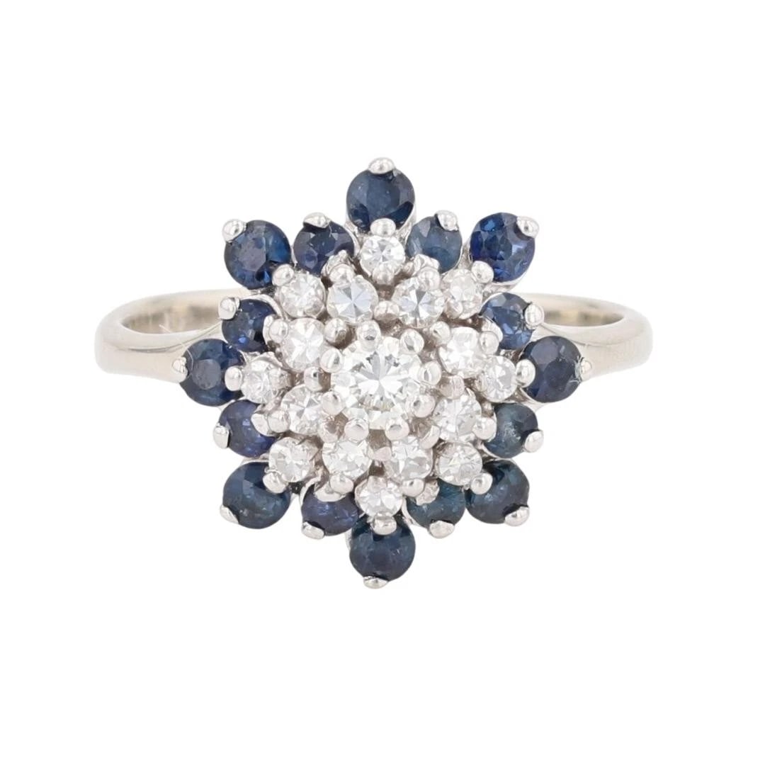 ROUND CUT DIAMOND & SAPPHIRE FLORAL CLUSTER RING: Round Cut Diamond & Sapphire Floral Cluster Ring Brand: Unbranded Type: Ring Material: 14k White Gold Main Stone/Creation Natural Color: None Size: 6.25 US Accessories: None Accessories