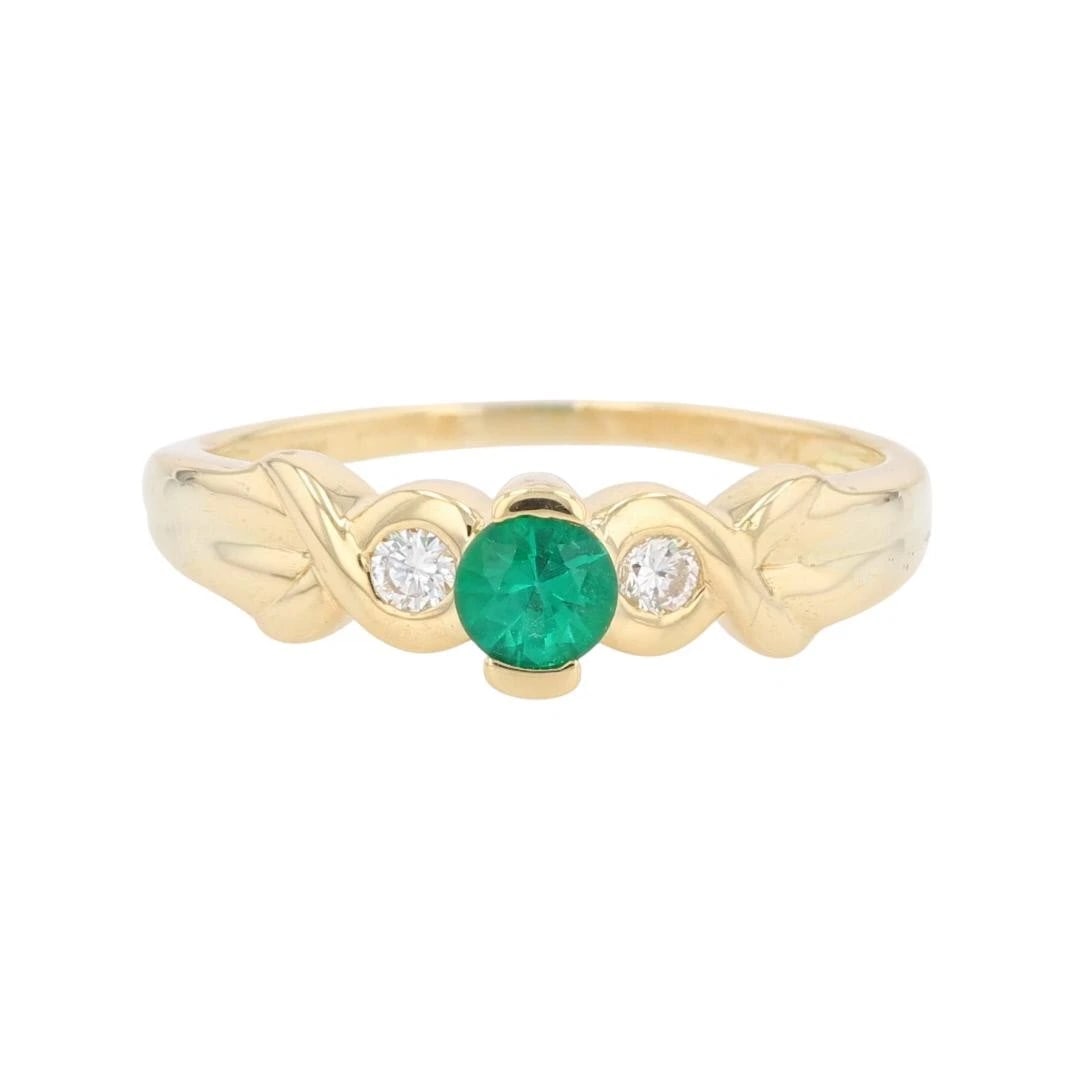 LAB-CREATED EMERALD WITH DIAMOND ACCENTS RING: Lab-Created Emerald with Diamond Accents Ring Brand: Unbranded Type: Ring Material: 18k Yellow Gold Main Stone/Creation Emerald Color: Main Stone Color: Medium Dark Strong Green Size: 8.5 US 