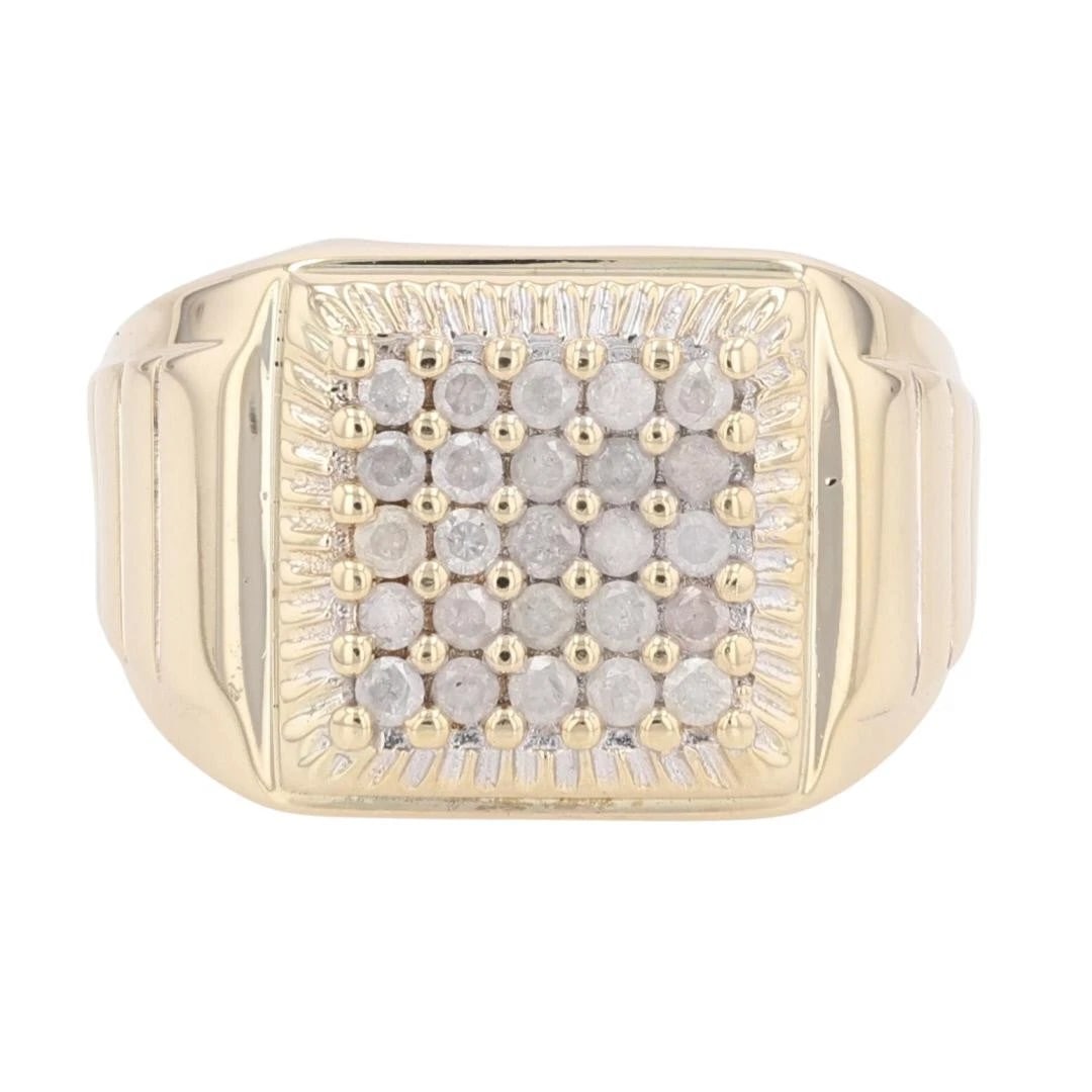 ROUND CUT DIAMOND CLUSTER STATEMENT BAND RING: Round Cut Diamond Cluster Statement Band Ring Brand: Unbranded Type: Ring Material: 10k Yellow Gold Main Stone/Creation Natural Color: None Size: 7.5 US Accessories: None Accessories Notice: