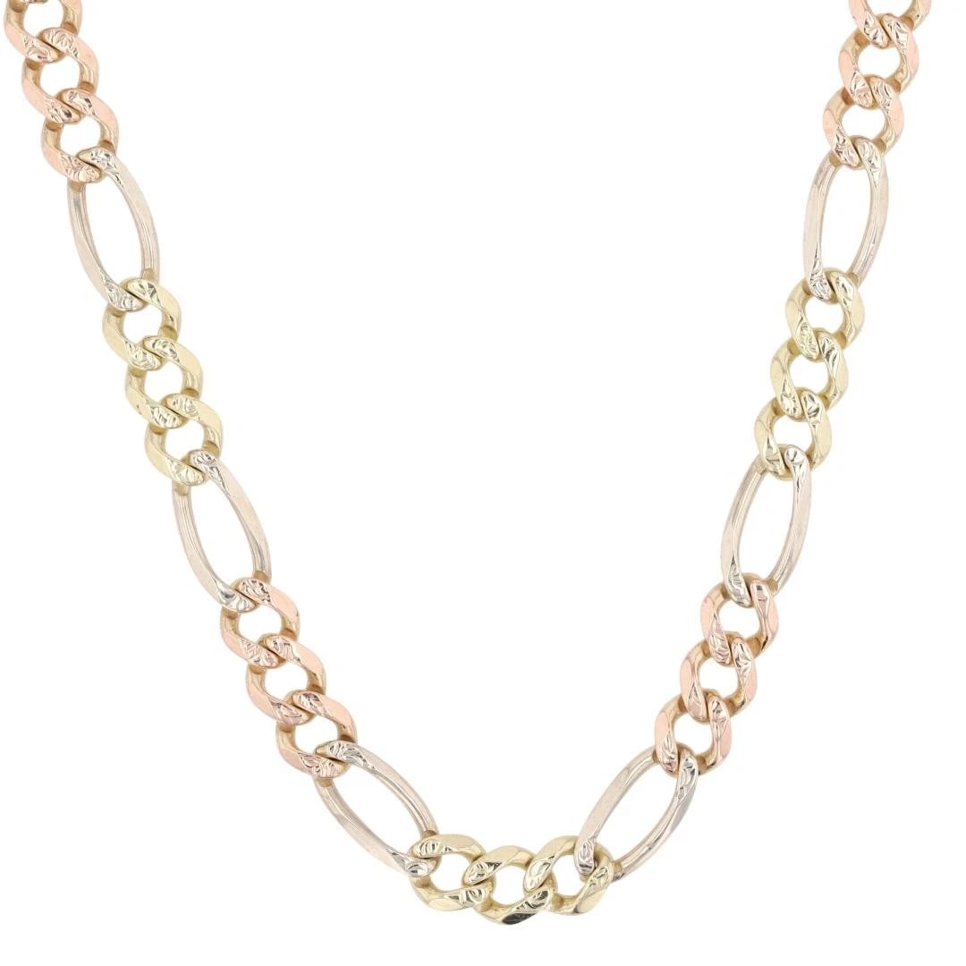 DIAMOND CUT FIGARO CHAIN NECKLACE: Diamond Cut Figaro Chain Necklace Brand: Unbranded Type: Necklace Material: 14k Multi-Tone Gold Color: None Size: Necklace Measurement: 24.75" Length / 6mm Accessories: None Accessories