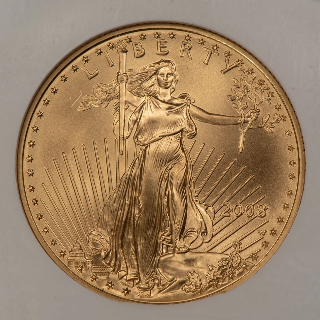 2008 G$25 1/2 OZ GOLD AMERICAN EAGLE BURNISHED: 2008 G$25 1/2 oz Gold American Eagle Burnished Brand/Mint: U.S. Mint Year: 2008 Fineness: 0.9167 Composition: Gold Coin: American Eagle Denomination: $25 Country of Origin: United States