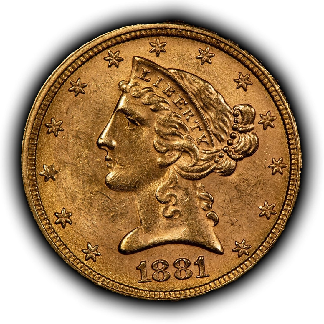 1881 G$5 LIBERTY HEAD GOLD HALF EAGLE: 1881 G$5 Liberty Head Gold Half Eagle Brand/Mint: U.S. Mint Year: 1881 Fineness: 0.9 Composition: Gold Coin: US Pre-1933 Gold Bullion Denomination: $5 Country of Origin: United States