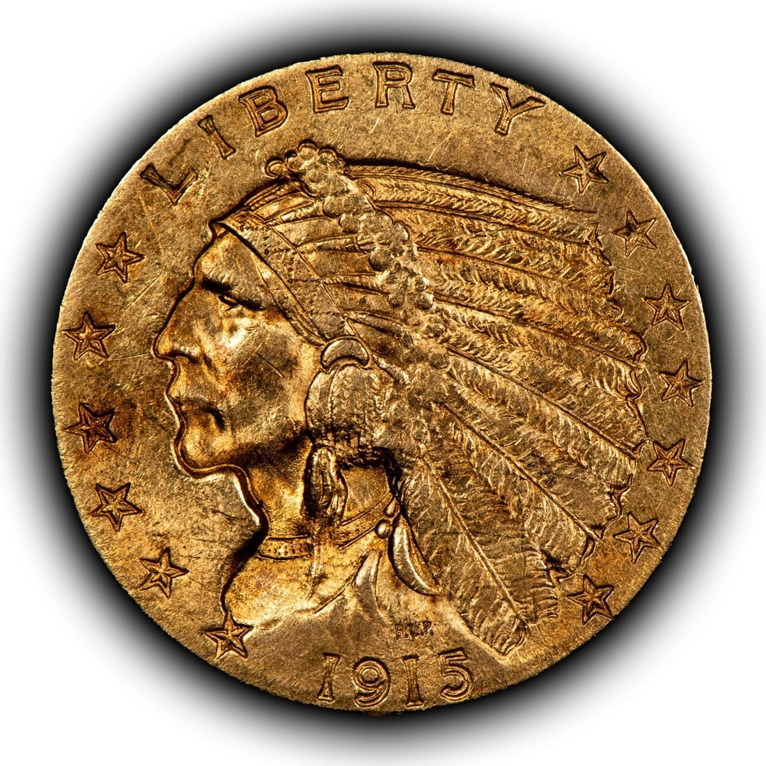 1915 G$2.50 INDIAN HEAD GOLD QUARTER EAGLE: 1915 G$2.50 Indian Head Gold Quarter Eagle Brand/Mint: U.S. Mint Year: 1915 Fineness: 0.9 Composition: Gold Coin: US Pre-1933 Gold Bullion Denomination: $2.50 Country of Origin: United St