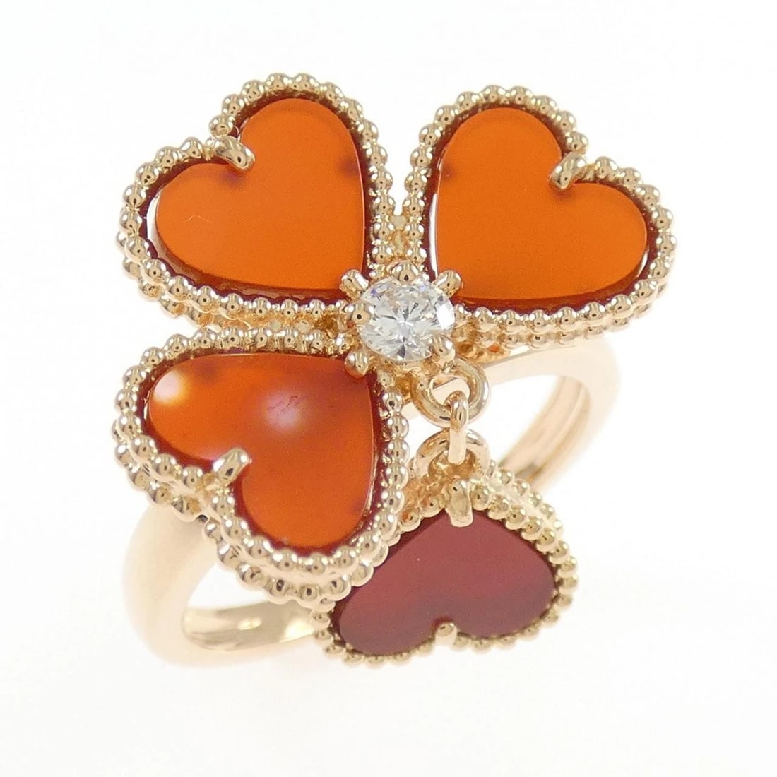 VAN CLEEF & ARPELS SWEET ALHAMBRA EFFEUILLAGE RING: Van Cleef & Arpels Sweet Alhambra Effeuillage Ring Brand: Van Cleef & Arpels Type: Ring Material: 750 Pink Gold Main Stone/Creation Carnelian Color: Pink Gold Size: 5.5 (US size) Accessories: