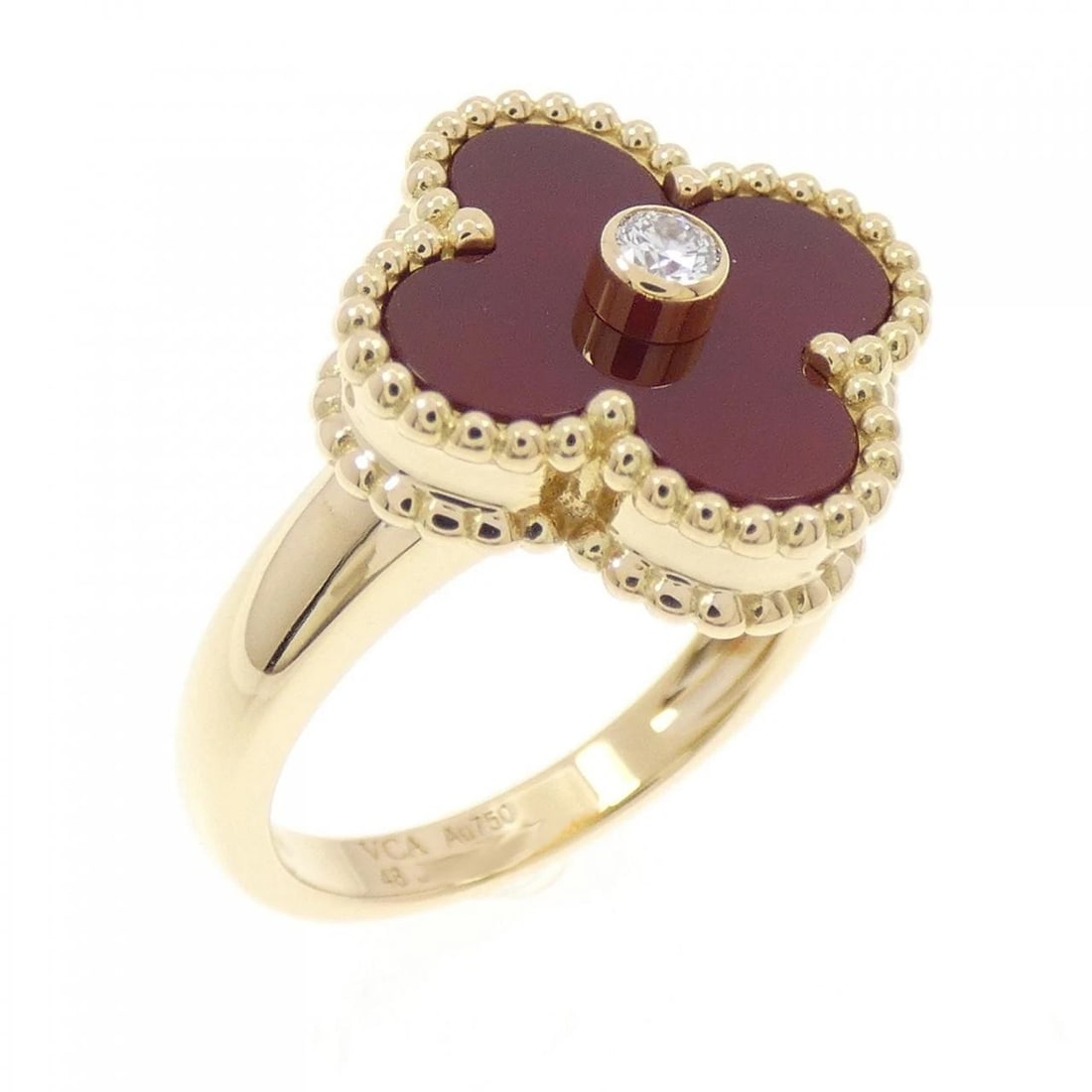 VAN CLEEF & ARPELS ALHAMBRA RING: Van Cleef & Arpels Alhambra Ring Brand: Van Cleef & Arpels Type: Ring Material: 750 Yellow Gold Main Stone/Creation Carnelian Color: Yellow Gold Size: 4.5-5 (US size) Accessories: None