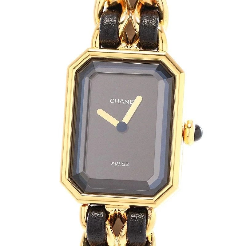 CHANEL PREMIERE S SIZE BRACELET WATCH: Chanel Premiere S Size Bracelet Brand: CHANEL Type: Wrist watch Material: Case Material Stainless Steel (Gold Plated) Band Material Stainless steel (gold plated)/calfskin Color: Dial Black Size: [