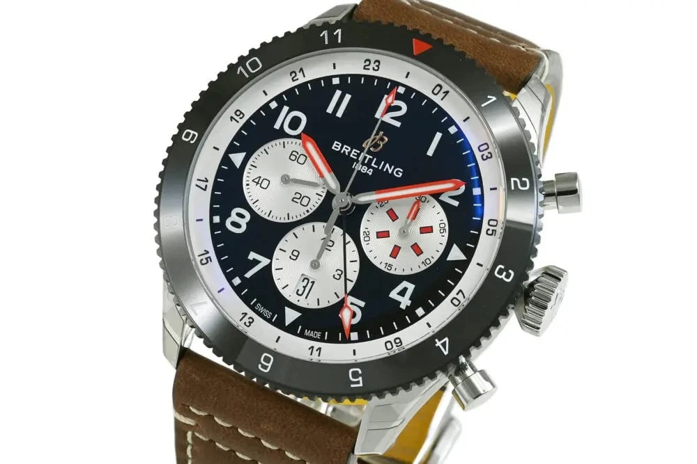 BREITLING SUPER CHRONOGRAPH GMT WATCH: BREITLING Super Chronograph GMT Brand: BREITLING Type: Wrist watch Material: SS Color: Dial Black/Silver Size: [ Case size ] 46mm Accessories: None Accessories Notice: When purchasing pre-