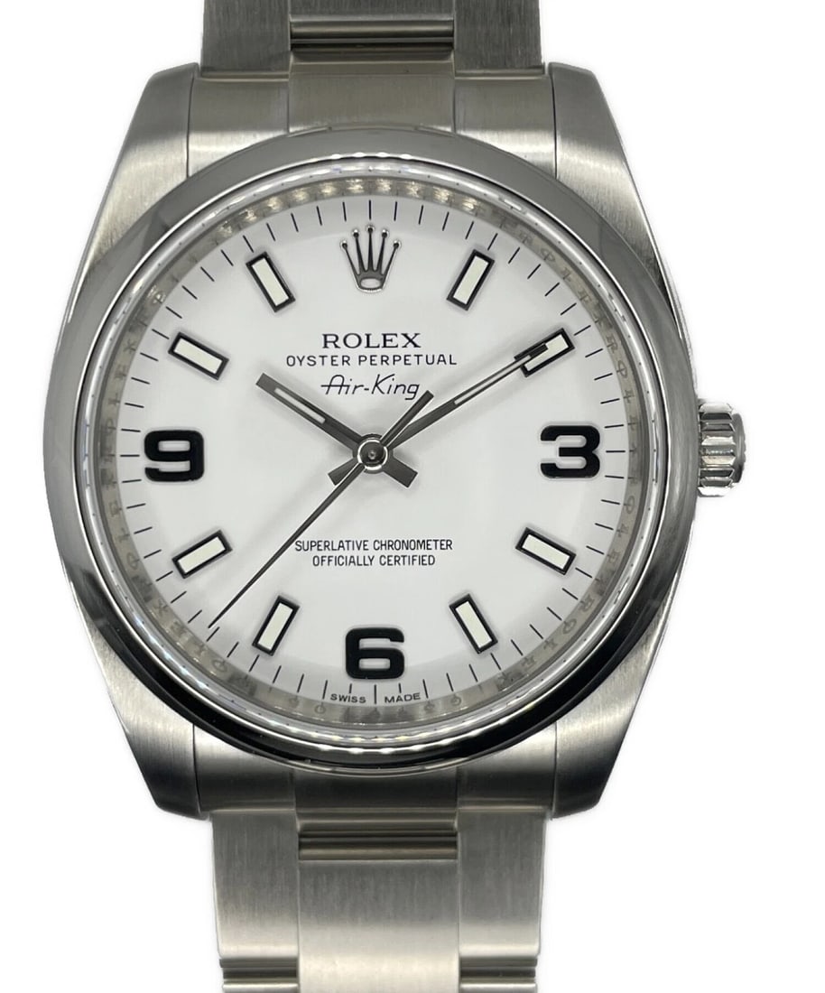 ROLEX AIR KING WATCH: ROLEX AIR KING Brand: ROLEX Type: Wrist watch Material: SS /SS Color: Dial White Dial/White Dial Size: [ Size ] 34mm/18cm Accessories: None Accessories Notice: When purchasing pre-owned