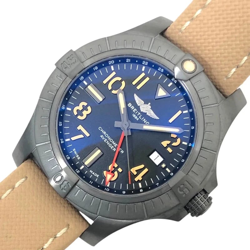 BREITLING AVENGER NIGHT MISSION WATCH: Breitling Avenger Night Mission Brand: BREITLING Type: Wrist watch Material: Titanium/Leather Strap Color: Dial Black Size: [ Case size ] 45mm [ Arm circumference size ] 19cm Accessories: