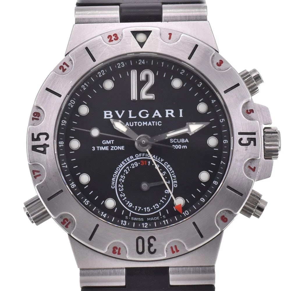 BVLGARI DIAGONO SCUBA WATCH: BVLGARI Diagono Scuba Watch Brand: BVLGARI Type: Wristwatch Material: Band Material rubber, Case Material Stainless Steel Color: Dial Color black Case Color Silver Band Color black Size: Case size