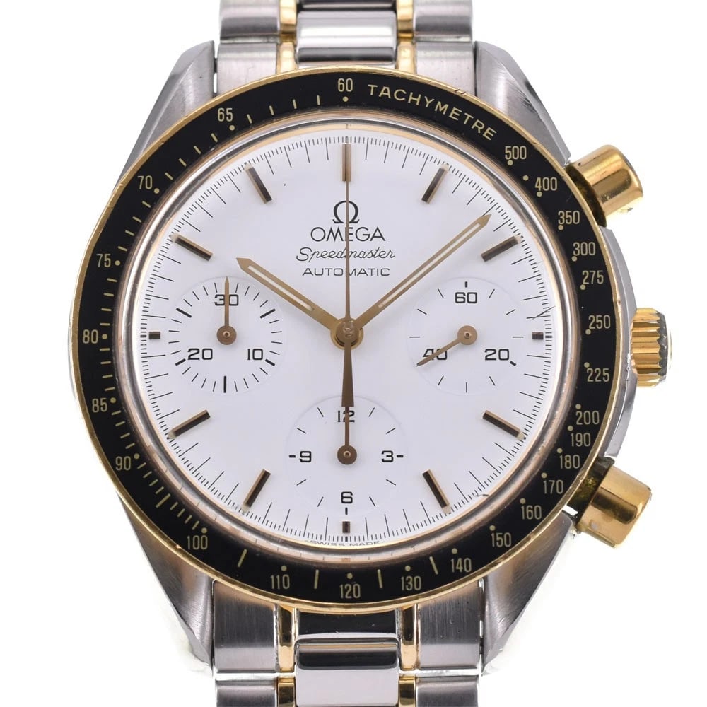 OMEGA SPEEDMASTER CHRONOGRAPH WATCH: OMEGA Speedmaster Chronograph Watch Brand: OMEGA Type: Wristwatch Material: Band Material Stainless Steel/K18YG, Case Material Stainless Steel/K18YG Color: Dial Color white Case Color Silver / Yell