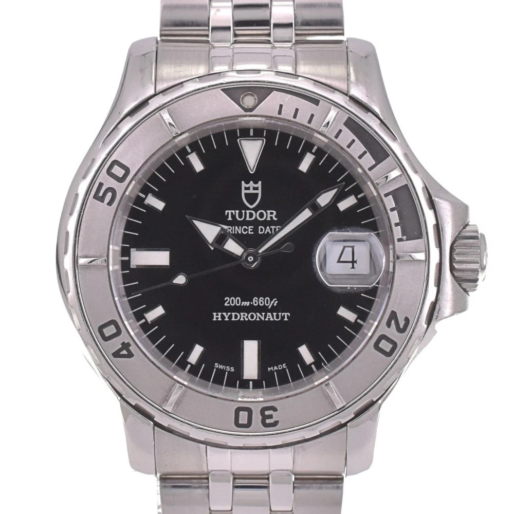 TUDOR PRINCE HYDRONAUT WATCH: TUDOR Prince Hydronaut Watch Brand: TUDOR Type: Wristwatch Material: Band Material Stainless Steel, Case Material Stainless Steel Color: Dial Color black Case Color Silver Band Color Silver Size: