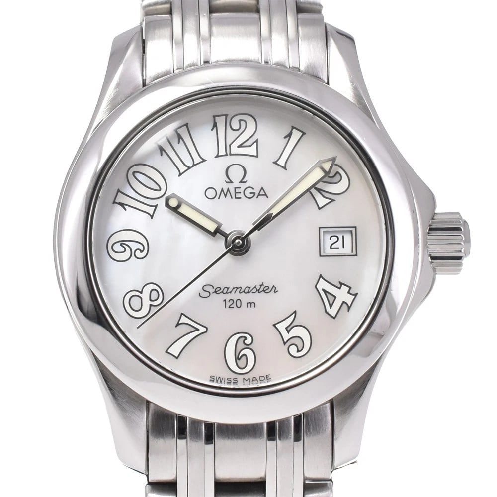 OMEGA SEAMASTER WHITE SHELL DIAL QUARTZ WATCH: OMEGA Seamaster White shell Dial Quartz Watch Brand: OMEGA Type: Wristwatch Material: Band Material Stainless Steel, Case Material Stainless Steel Color: Dial Color White shell Lug Width