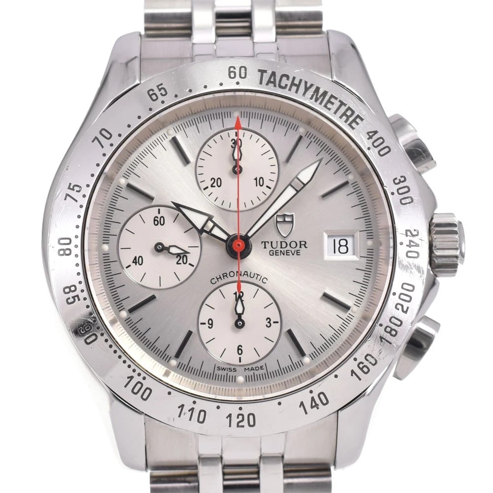 TUDOR CHRONOTIC CHRONOGRAPH WATCH: TUDOR Chronotic Chronograph Watch Brand: TUDOR Type: Wristwatch Material: Band Material Stainless Steel, Case Material Stainless Steel Color: Dial Color Silver Band Color Silver Case Color