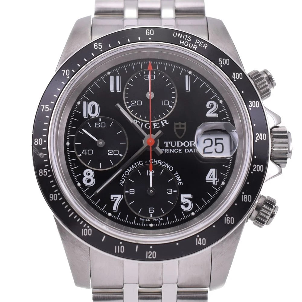 TUDOR CHRONO PRINCE BLACK DIAL WATCH: TUDOR Chrono Prince black Dial Watch Brand: TUDOR Type: Wristwatch Material: Band Material Stainless Steel, Case Material Stainless Steel Color: Dial Color black Band Color Silver Case Color Silver