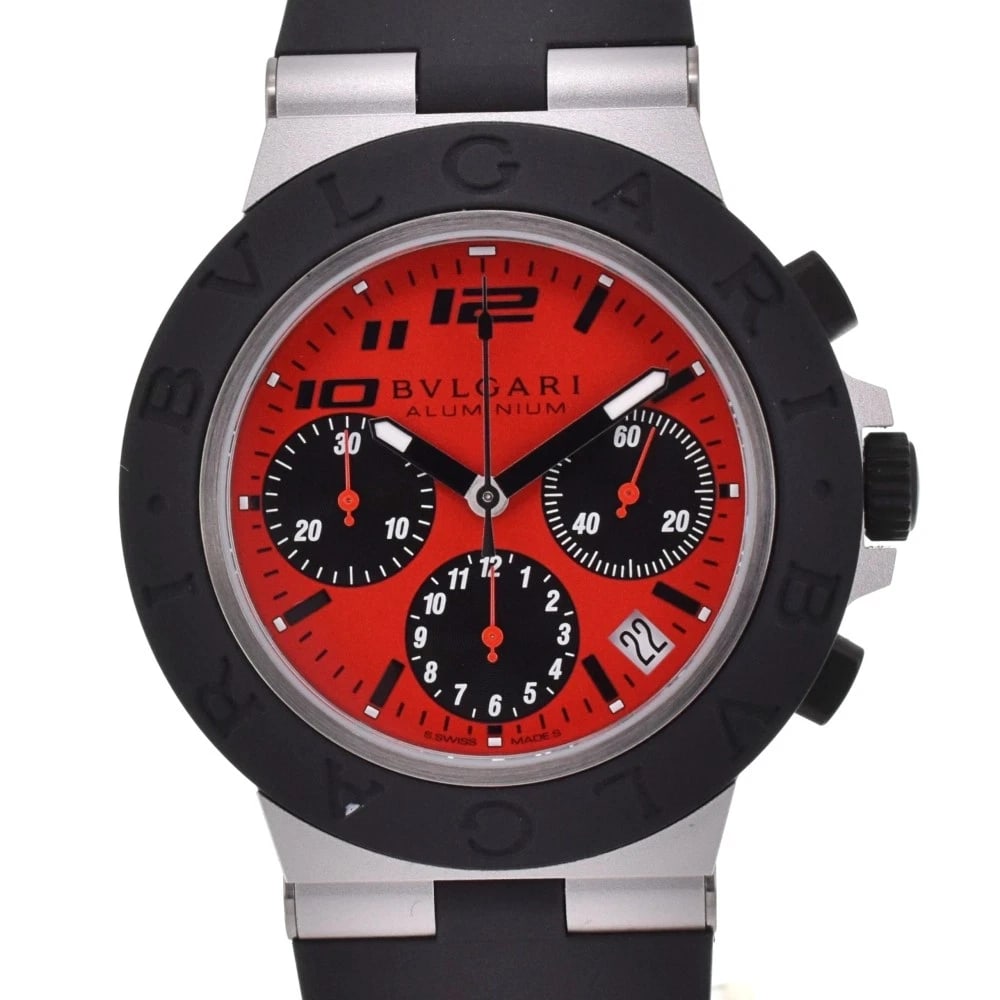 BVLGARI ALUMINUM SPECIAL WATCH: BVLGARI aluminum Special Watch Brand: BVLGARI Type: Wristwatch Material: Band Material rubber, Case Material aluminum Color: Dial Color Red / black Case Color Silver Band Color black Size: Case si