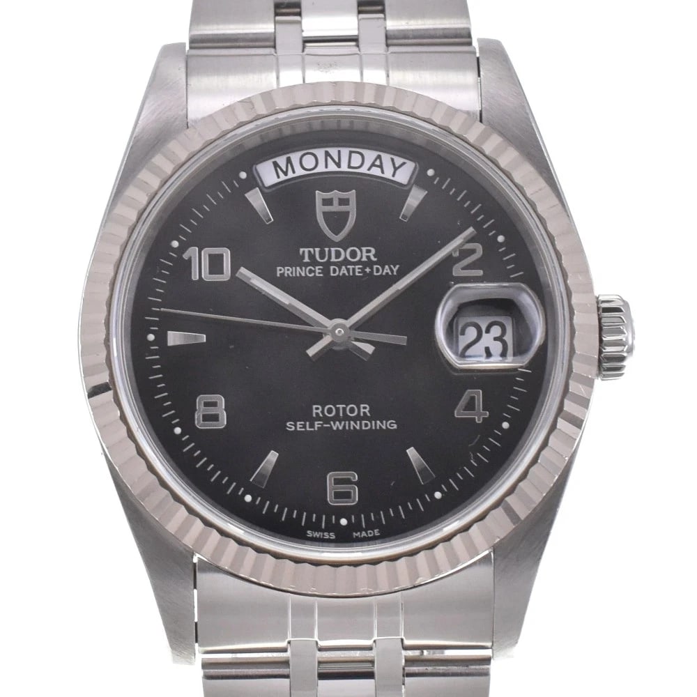 TUDOR PRINCE DAY BLACK DIAL WATCH: TUDOR Prince Day black Dial Watch Brand: TUDOR Type: Wristwatch Material: Band Material Stainless Steel, Case Material Stainless Steel Color: Dial Color black Case Color SilverB Band Color Silver