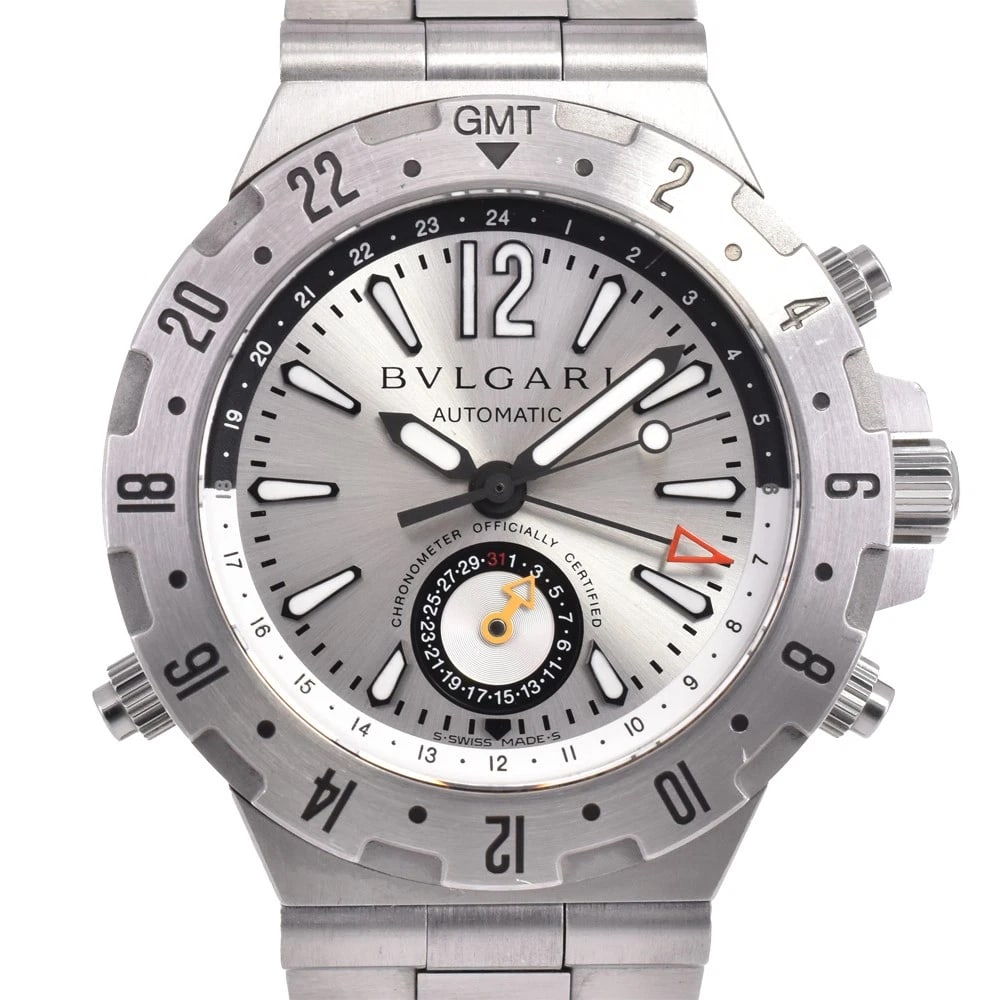 BVLGARI DIAGONO PROFESSIONAL GMT WATCH: BVLGARI Diagono Professional GMT Brand: BVLGARI Type: Wristwatch Material: Band Material Stainless Steel, Case Material Stainless Steel Color: Dial Color Silver Band Color Silver Case Color Silver