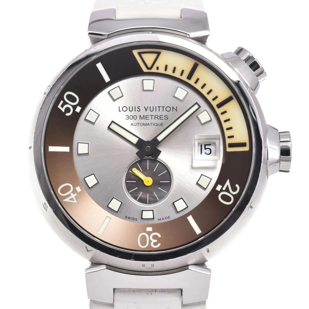 LOUIS VUITTON TAMBOUR DIVING SMALL WATCH: LOUIS VUITTON Tambour Diving Small Brand: LOUIS VUITTON Type: Wristwatch Material: Band Material rubber, Case Material Stainless Steel Color: Dial Color Silver / Brown Band Color white Case Color S