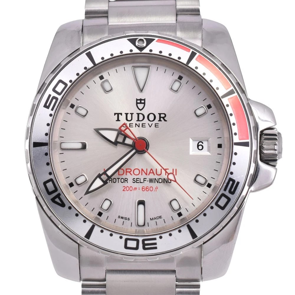 TUDOR HYDRO SILVER DIAL WATCH: TUDOR Hydro Silver Dial Watch Brand: TUDOR Type: Wristwatch Material: Band Material Stainless Steel, Case Material Stainless Steel Color: Dial Color Silver Band Color Silver Case Color Silver Size