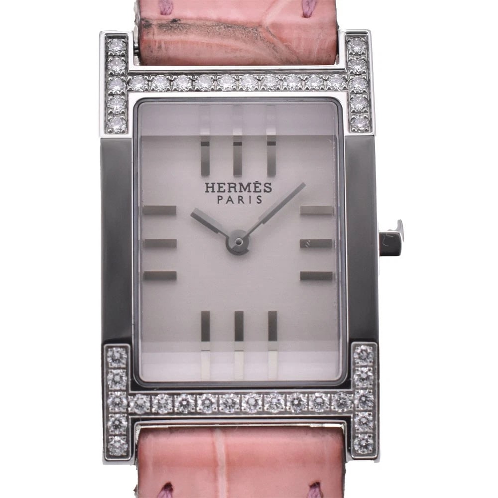 HERMES TANDEM DIAMOND SILVER DIAL QUARTZ WATCH: HERMES tandem diamond Silver Dial Quartz Watch Brand: HERMES Type: Wristwatch Material: Band Material leather, Case Material Stainless Steel Color: Dial Color Silver Band Color pink Case Color Silv