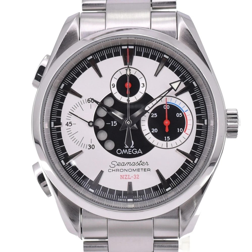 OMEGA SEAMASTERAQUA TERRA CHRONOGRAPH WATCH: OMEGA SeamasterAqua Terra Chronograph Brand: OMEGA Type: Wristwatch Material: Band Material Stainless Steel, Case Material Stainless Steel Color: Dial Color Silver / Black Band Color Silver Case Co
