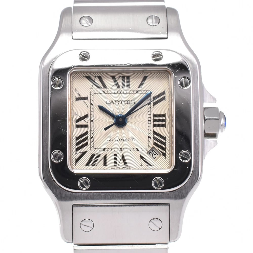 CARTIER SANTOSGALBE SILVER DIAL WATCH: CARTIER Santosgalbe Silver Dial Watch Brand: CARTIER Type: Wristwatch Material: Band Material Stainless Steel, Case Material Stainless Steel Color: Dial Color Silver Band Color Silver Case Color Si