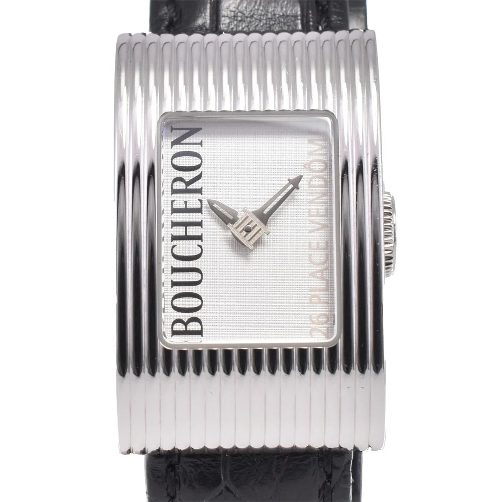 BOUCHERON SILVER DIAL QUARTZ WATCH: Boucheron Silver Dial Quartz Watch Brand: Boucheron Type: Wristwatch Material: Band Material leather, Case Material Stainless Steel Color: Dial Color Silver Band Color black Case Color Silver 