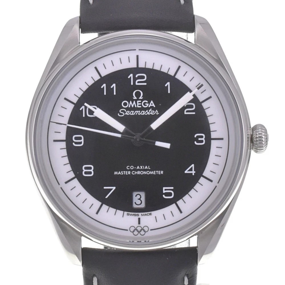 OMEGA SEAMASTER OLYMPIC WATCH: OMEGA Seamaster Olympic Brand: OMEGA Type: Wristwatch Material: Band Material leather, Case Material Stainless Steel Color: Dial Color Black White Band Color black Case Color Silver Size: Case