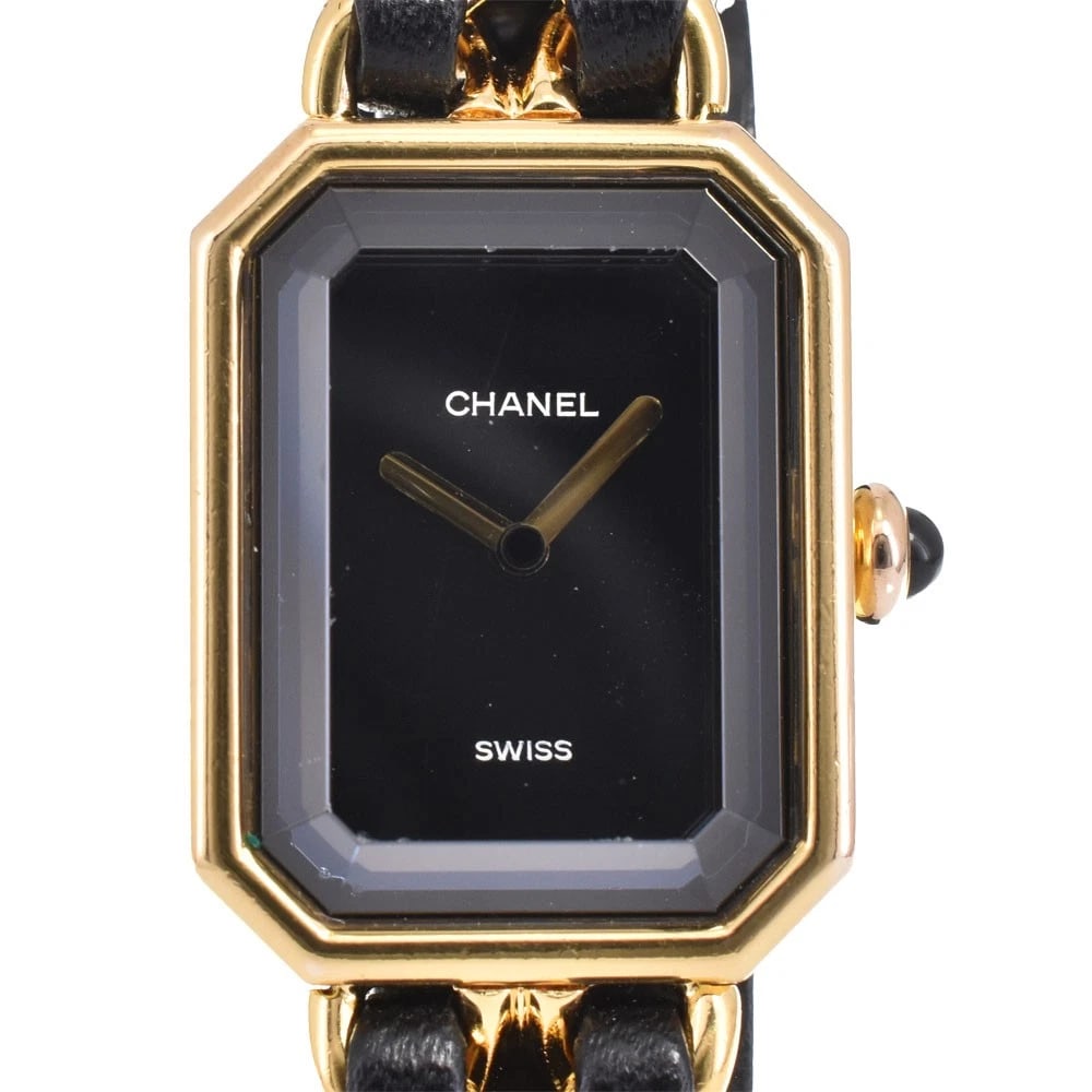 CHANEL PREMIERE GOLD PLATED LEATHER QUARTZ WATCH: CHANEL Premiere Gold Plated Leather Quartz Watch Brand: CHANEL Type: Wristwatch Material: Band Material Gold Plated / Leather, Case Material Gold Plated Color: Dial Color black Band Color Gold