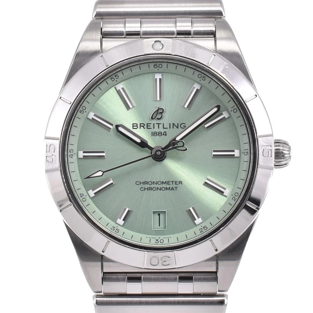 BREITLING CHRONOMAT WATCH: BREITLING Chronomat Brand: BREITLING Type: Wristwatch Material: Band Material Stainless Steel, Case Material Stainless Steel Color: Dial Color green Band Color Silver Case Color Silver Size: