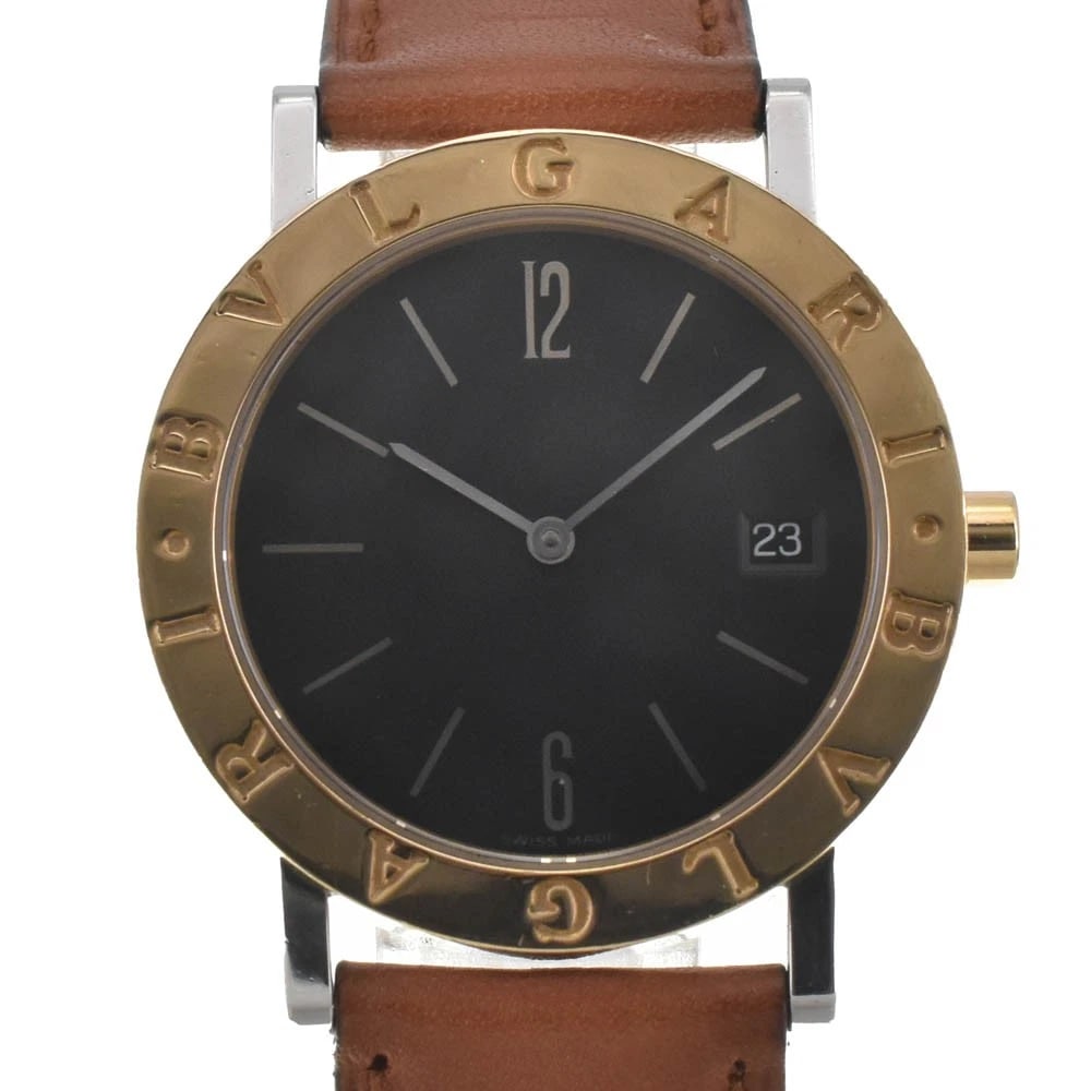 BVLGARI K18YG BEZEL WATCH: BVLGARI K18YG Bezel Watch Brand: BVLGARI Type: Wristwatch Material: Band Material leather, Case Material Stainless Steel/K18YG Color: Dial Color black Band Color Brown Case Color Silver / Gold Siz
