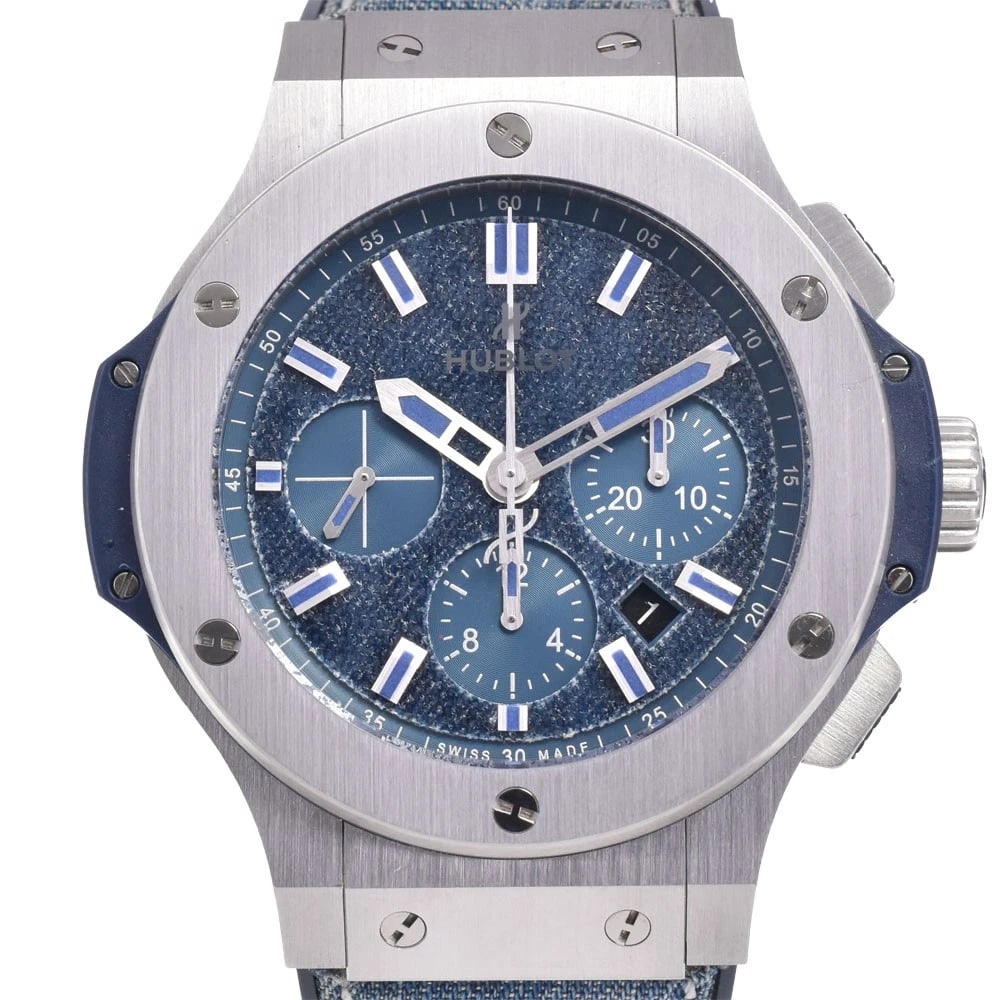 HUBLOT BIG BANG JEANS WATCH: HUBLOT Big Bang Jeans Watch Brand: HUBLOT Type: Wristwatch Material: Band Material Denim/Rubber, Case Material Stainless Steel / Titanium Color: Dial Color blue Band Color blue Case Color Silver /