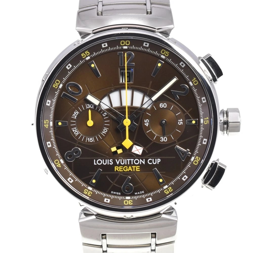 LOUIS VUITTON TAMBOUR CHRONO WATCH: LOUIS VUITTON Tambour Chrono Brand: LOUIS VUITTON Type: Wristwatch Material: Band Material Stainless Steel, Case Material Stainless Steel Color: Dial Color Brown Band Color Silver Case Color Silver