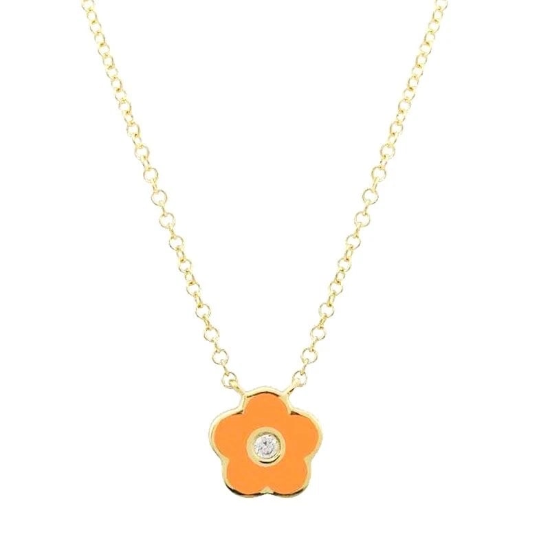 ORANGE ENAMEL FLOWER DIAMOND PENDANT NECKLACE: Orange Enamel Flower Diamond Pendant Necklace Brand: Unbranded Type: Necklace Material: 14K Yellow Gold Main Stone/Creation Natural Color: Orange Size: Length: adjustable, 16 inches, 17 inches, 18