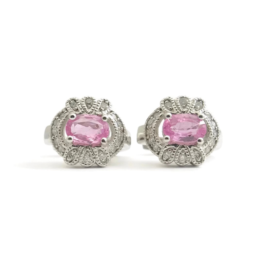 OVAL PINK SAPPHIRE DIAMOND HALO GEMSTONE HUGGIE EARRINGS (1 of 5)