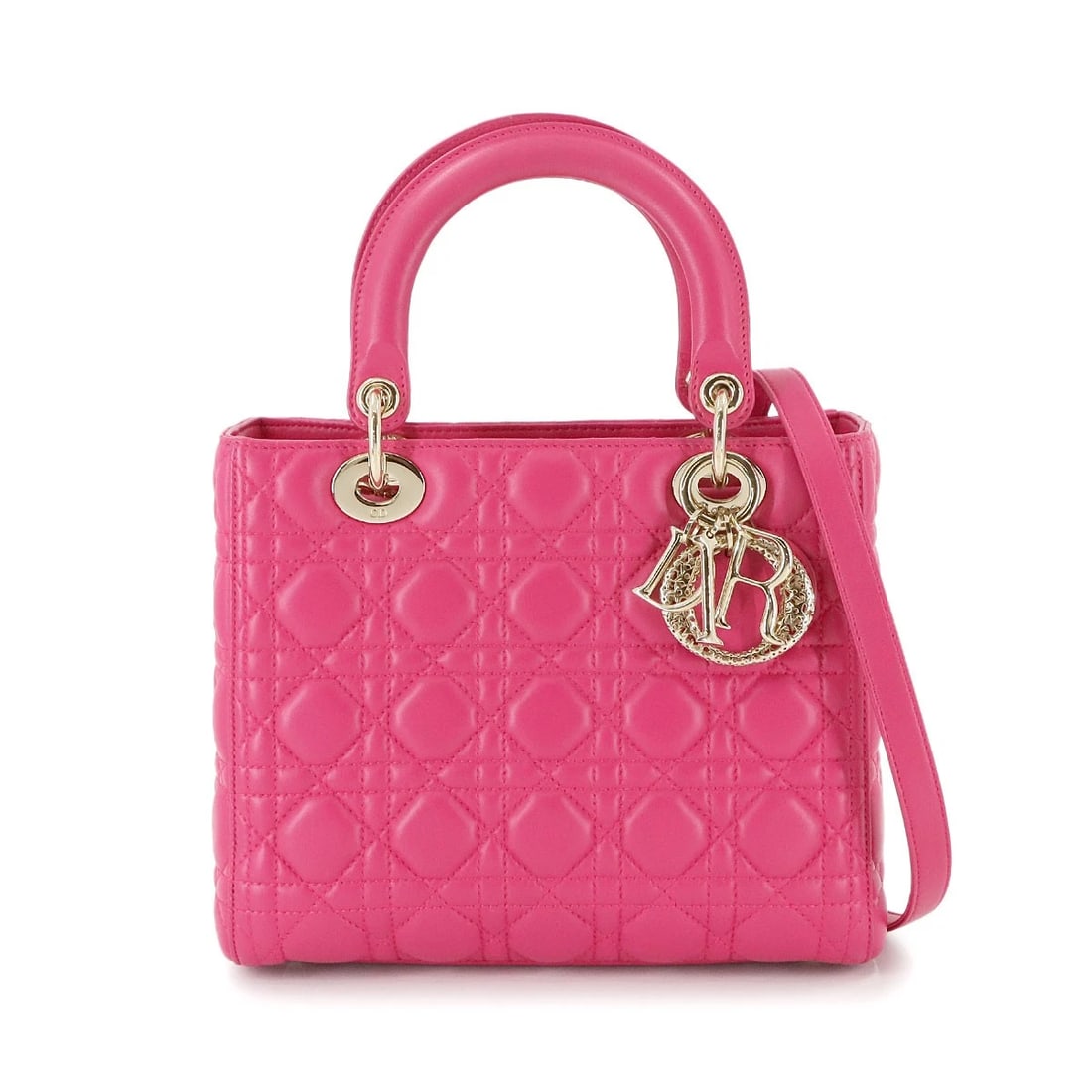 CHIRISTIAN DIOR LADY DIOR MEDIUM HAND SHOULDER BAG: Chiristian Dior Lady Dior Medium Hand Shoulder Bag Brand: Chiristian Dior Type: Hand Bag / Shoulder Bag Material: Leather Color: Pink Size: W 9.25 inch, H 7.87 inch, D 4.72 inch Handle 12.2inch (3