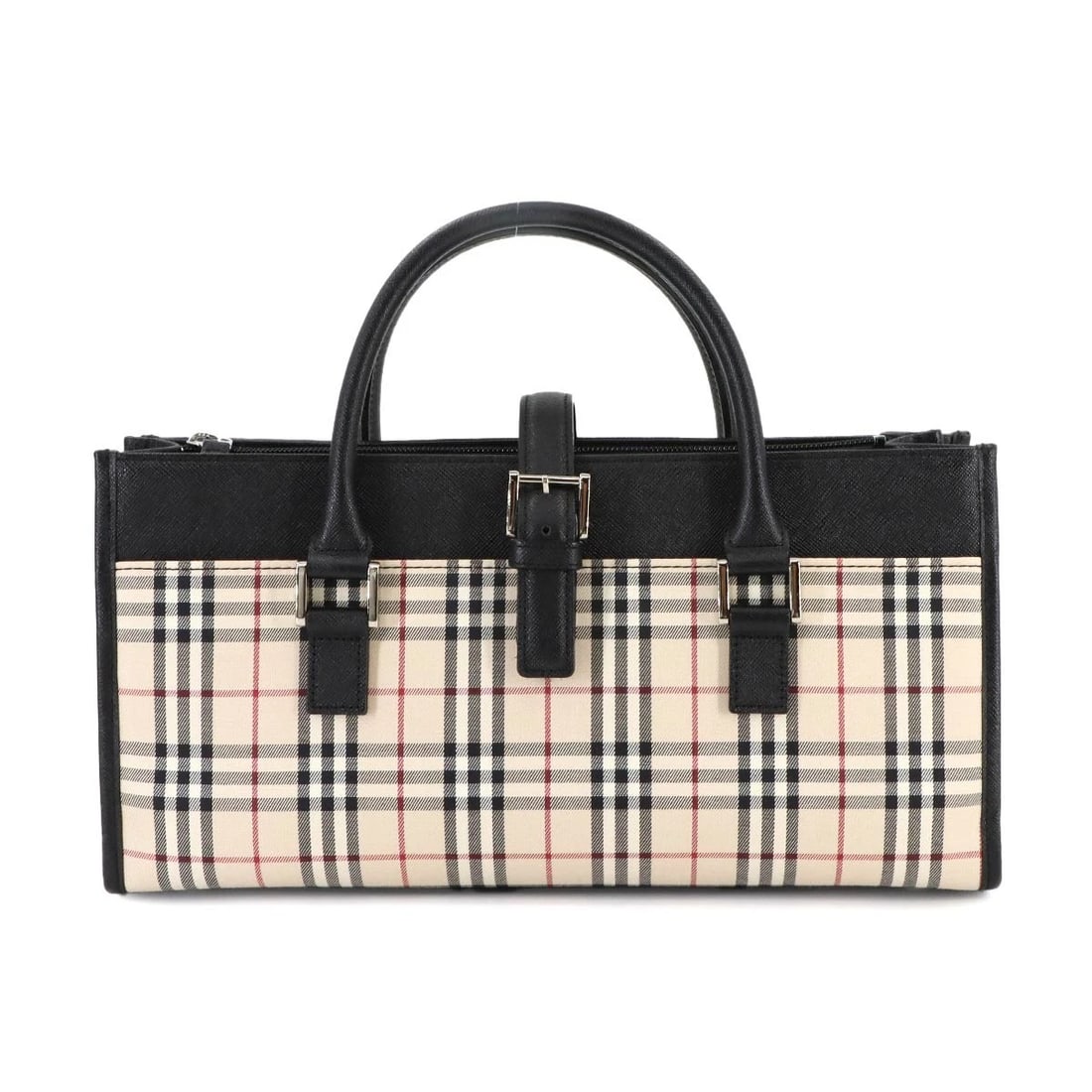 BURBERRY PLAID HAND BAG CANVAS LEATHER BEIGE BLACK PURSE (1 of 5)