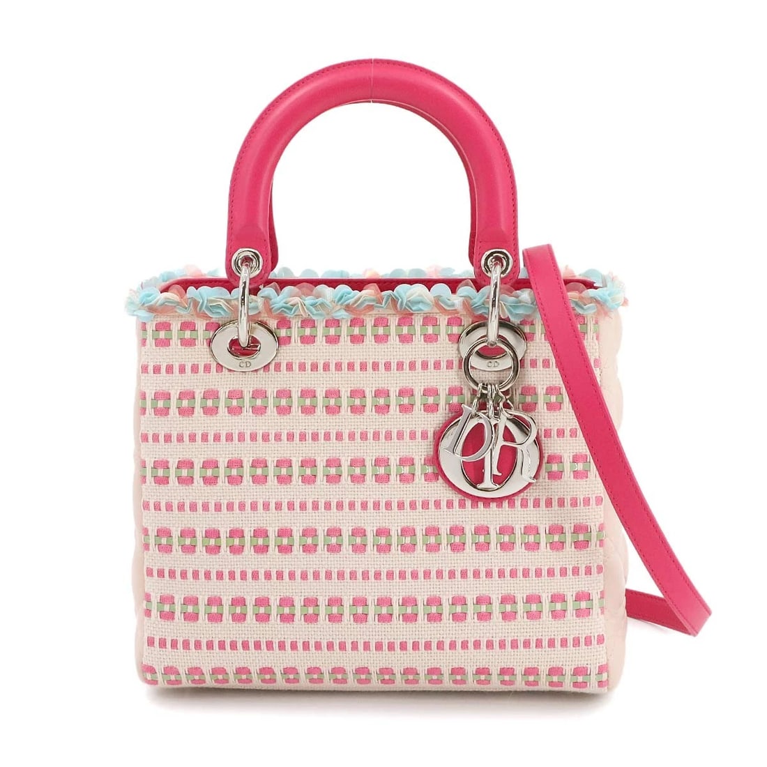 CHIRISTIAN DIOR LADY DIOR MEDIUM HAND SHOULDER BAG: Chiristian Dior Lady Dior Medium Hand Shoulder Bag Brand: Chiristian Dior Type: Hand Bag / Shoulder Bag Material: Tweed , Leather Color: Pink Size: W 9.45 inch, H 7.87 inch, D 4.72 inch Handle 11.