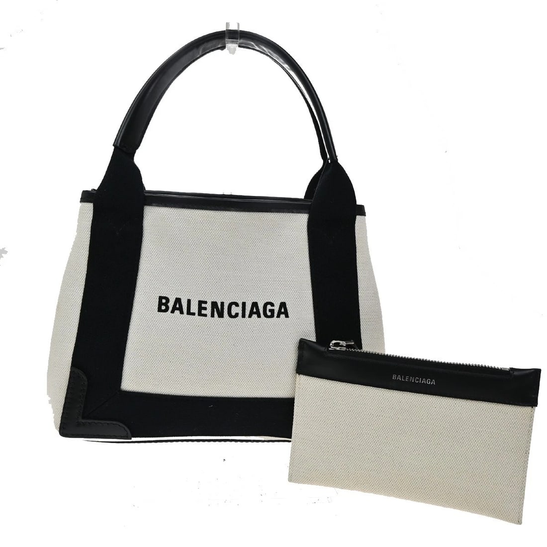 BALENCIAGA LOGO NAVY CABAS HAND BAG CANVAS LEATHER WHITE BLACK (1 of 9)