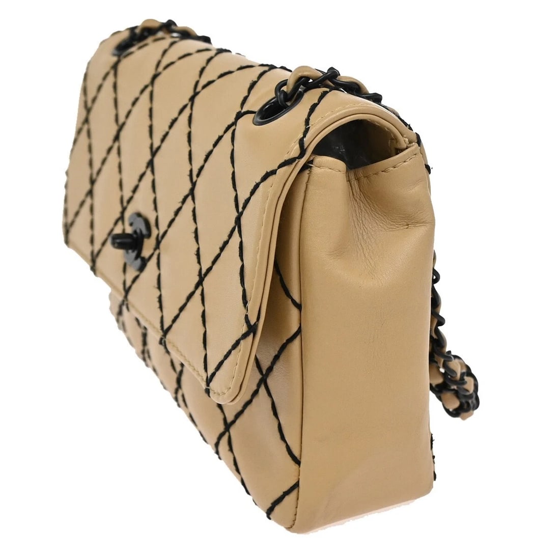 CHANEL CC LOGO WILD STITCH CHAIN SHOULDER BAG LEATHER BEIGE BLACK (1 of 8)