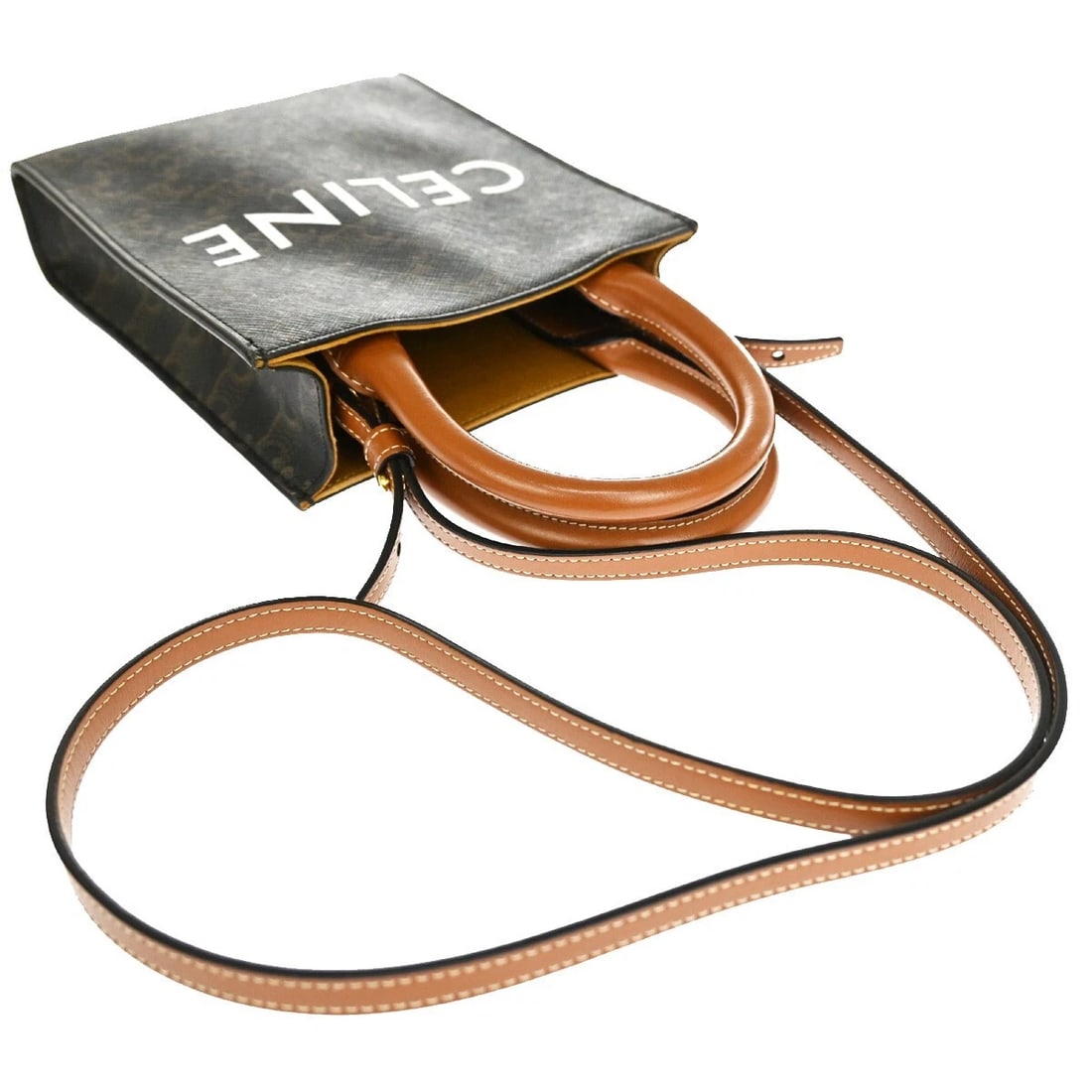 CELINE MINI VERTICAL CABAS 2WAY SHOULDER HAND BAG TRIOMPHE LEATHER: CELINE Mini Vertical Cabas 2Way Shoulder Hand Bag Triomphe Leather Brand: Celine Type: Shoulder Hand Bag Material: Leather, Triomphe Coating Canvas Color: Black Brown Size: W 6.7 x H 7.9 x D 2.2 "