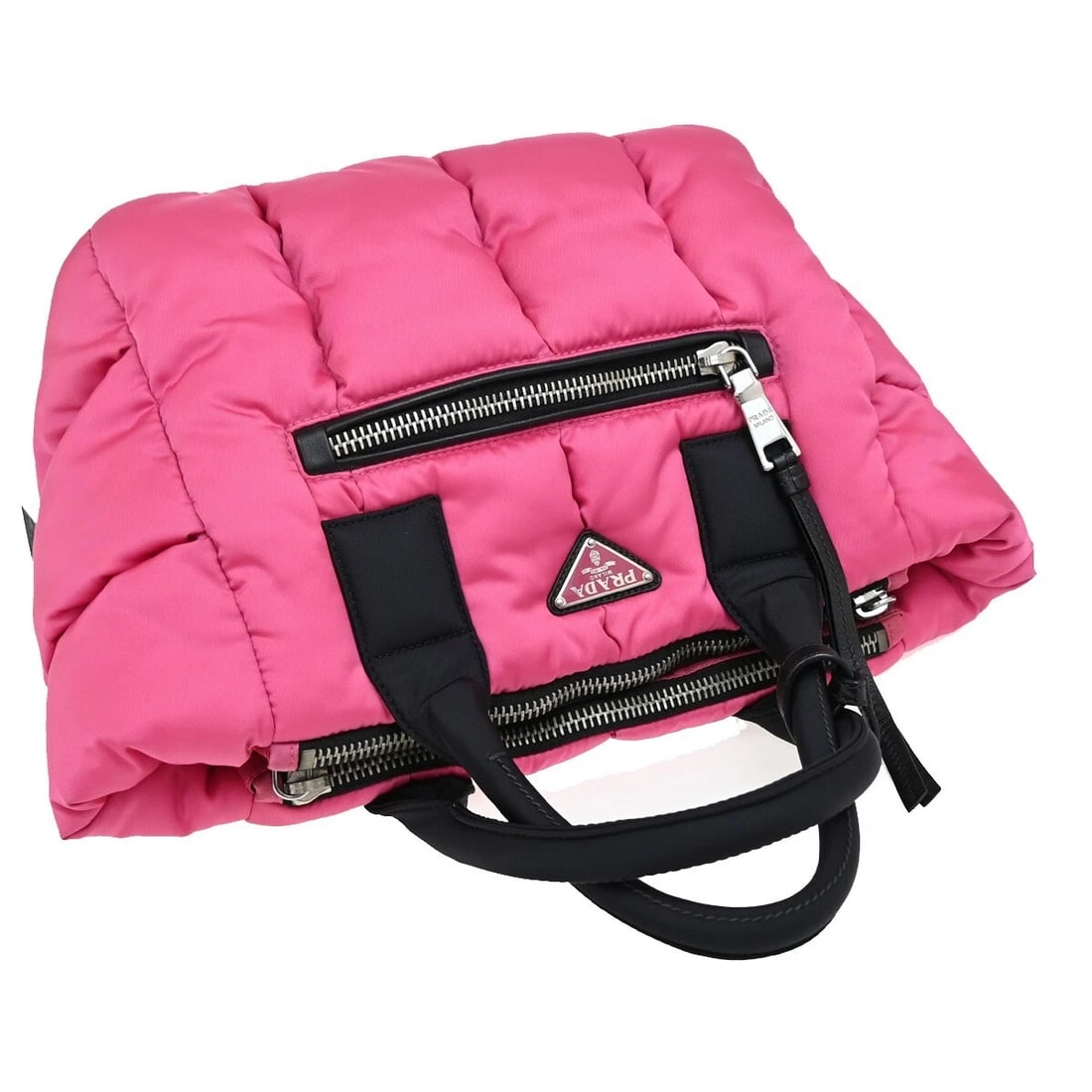 PRADA LOGO TESSUTO BOMBER HAND TOTE BAG NYLON LEATHER PINK BLACK (1 of 9)