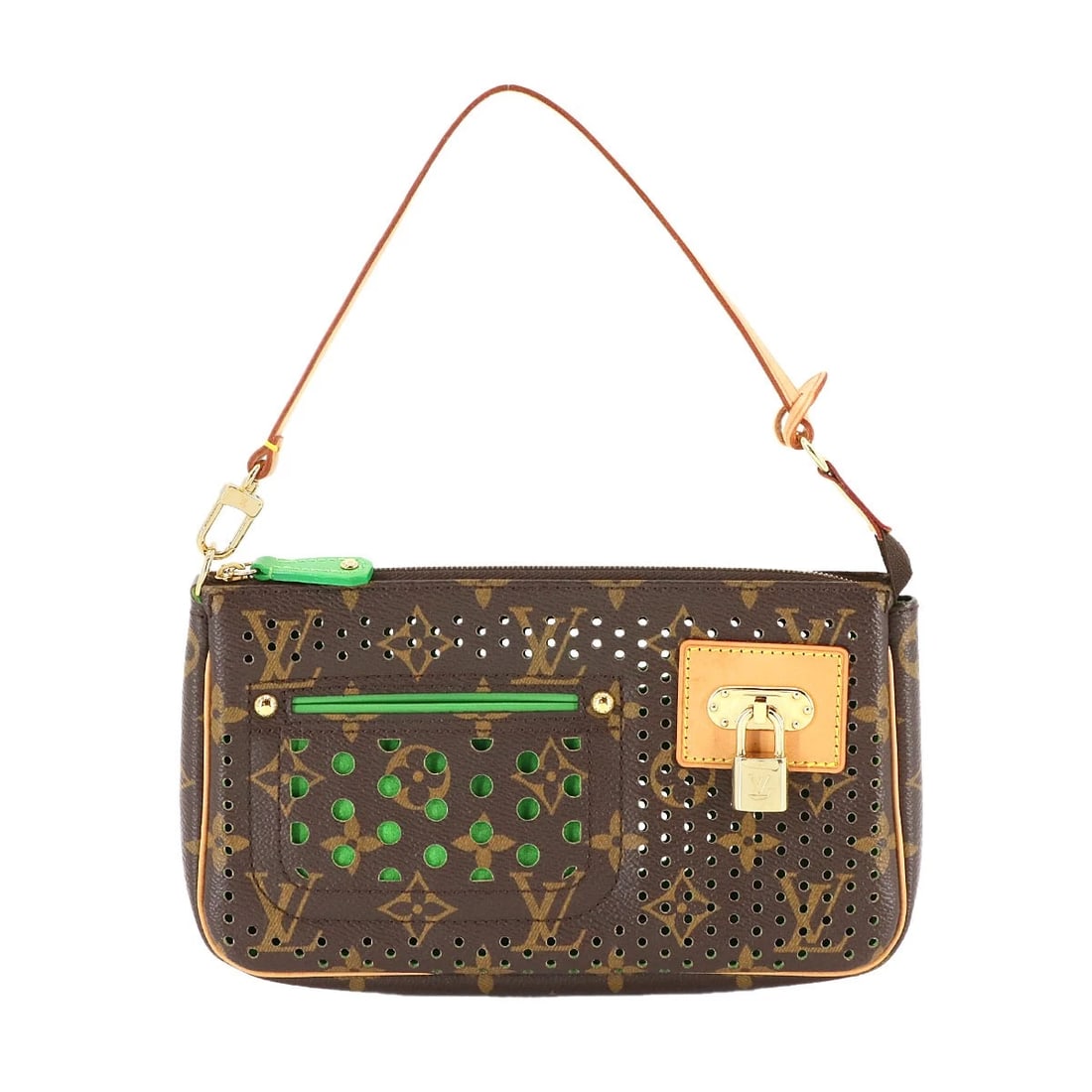 LOUIS VUITTON MONOGRAM PERFO POCHETTE ACCESSORIES HAND BAG: LOUIS VUITTON Monogram Perfo Pochette Accessories Hand Bag Brand: LOUIS VUITTON Type: Hand Bag Material: Monogram Perfo Canvas Color: Monogram , Vert Size: W 8.46 inch, H 4.72 inch, D 1.57 inch Ha